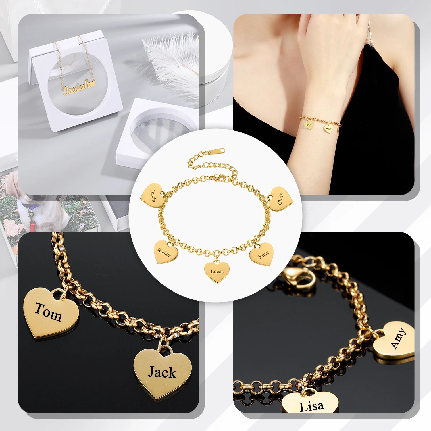 Gold Heart Charm Bracelet – Personalized Engraved Pendant Gift for Her - Image 6