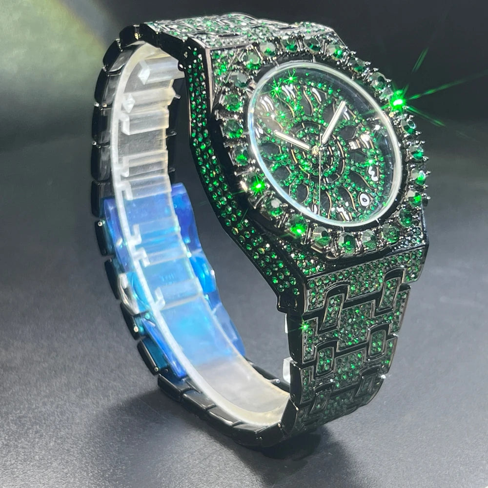 2024 Hip Hop Green Diamond Watch – Men's Fashion Square Quartz Wristwatch with Iced-Out Design - Image 4