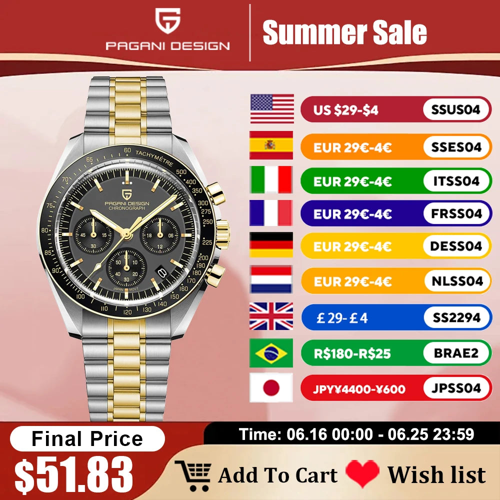 2025 New PAGANI DESIGN Moon Men’s Watch – Gold Luxury Quartz Chronograph with AR Sapphire Mirror