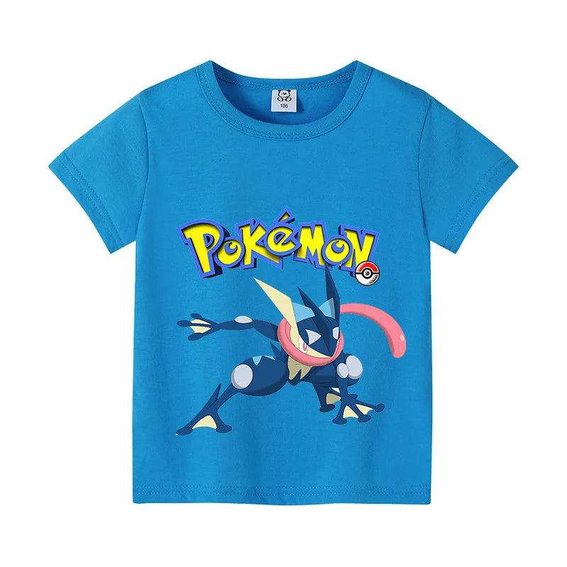 Pikachu Kids T-Shirt – Pokémon Summer Short Sleeve Tee with Lucario & Greninja Design - Image 2