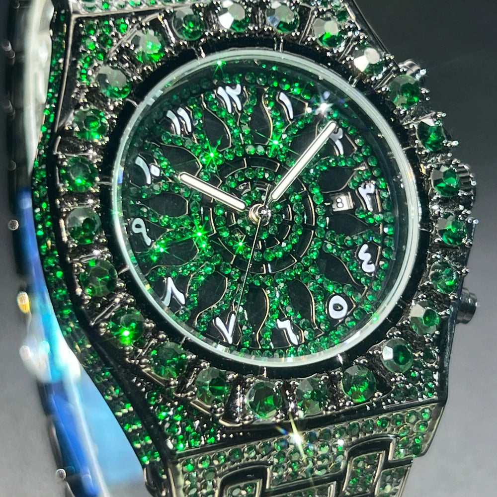 2024 Hip Hop Green Diamond Watch – Men's Fashion Square Quartz Wristwatch with Iced-Out Design