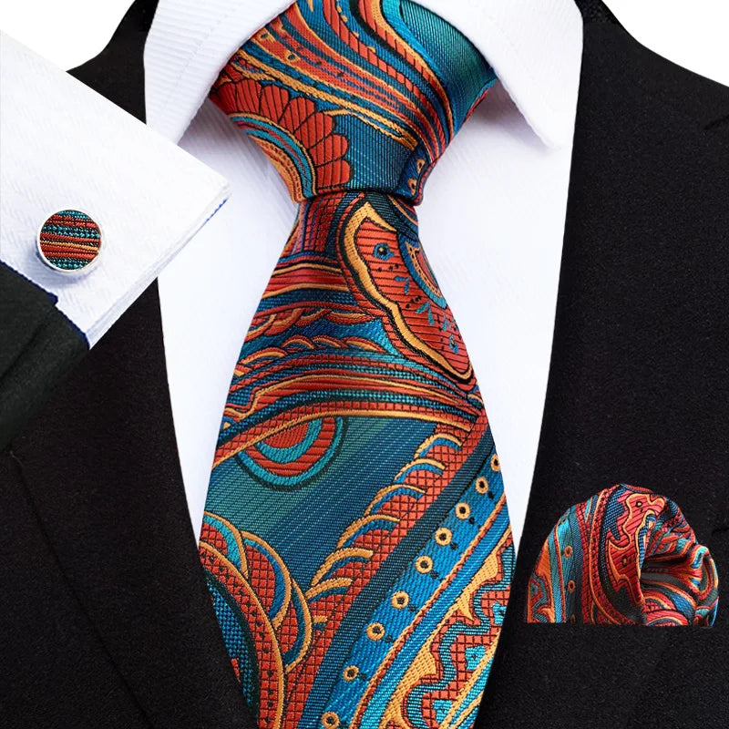 Luxury Paisley Tie & Handkerchief Set – Men's Suit Accessory with Cufflinks & Pocket Square - Image 3
