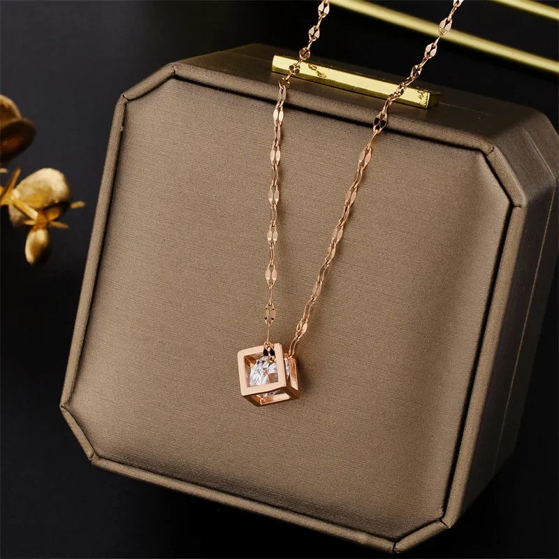 Classic Zircon Crystal Inside Hollow Square Necklace - Image 5