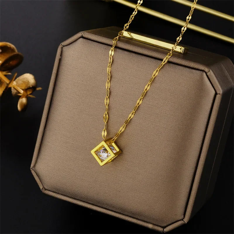 Classic Zircon Crystal Inside Hollow Square Necklace - Image 4