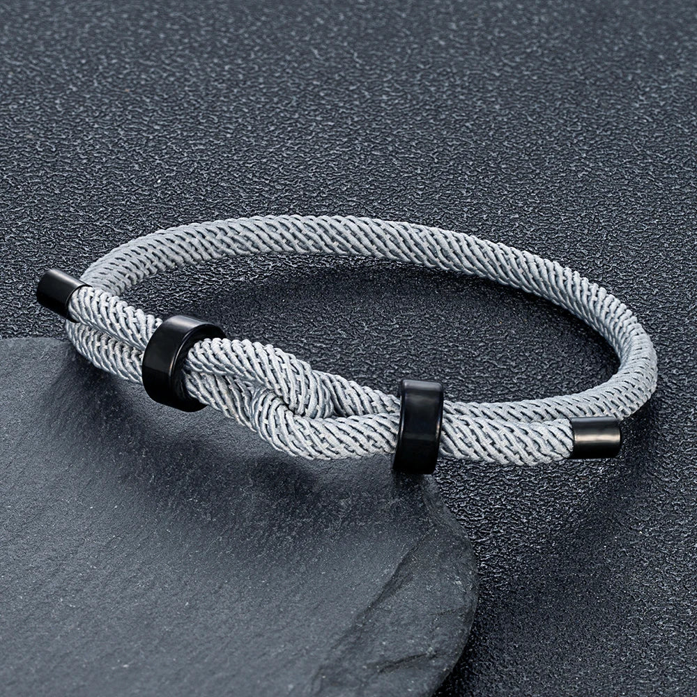 MKENDN Adjustable Knot Rope Bracelet – Black Stainless Steel Charm Bangle for Men - Image 3