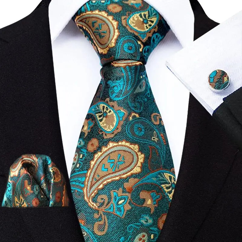 Luxury Paisley Tie & Handkerchief Set – Men's Suit Accessory with Cufflinks & Pocket Square