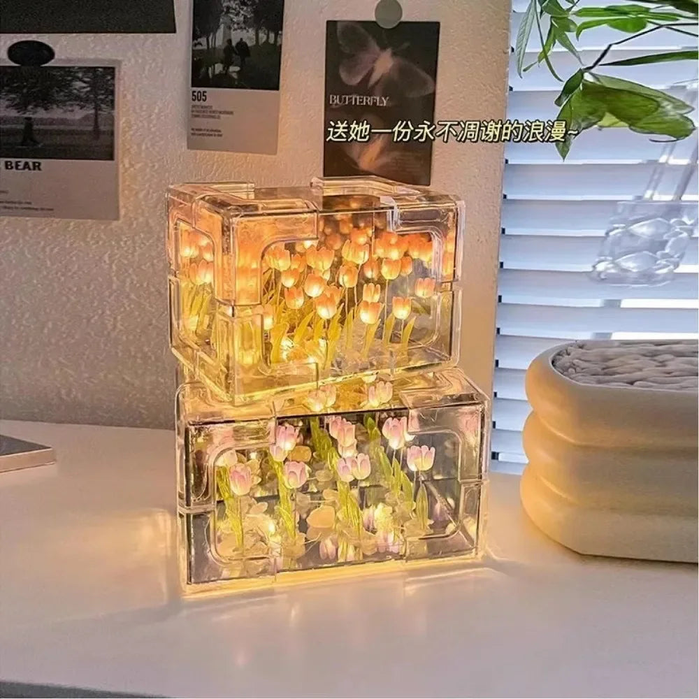 Creative DIY Tulip Flower Sea Cube Night Lamp – 3D Craft Kit Gift for Girlfriend or Couples - Image 3